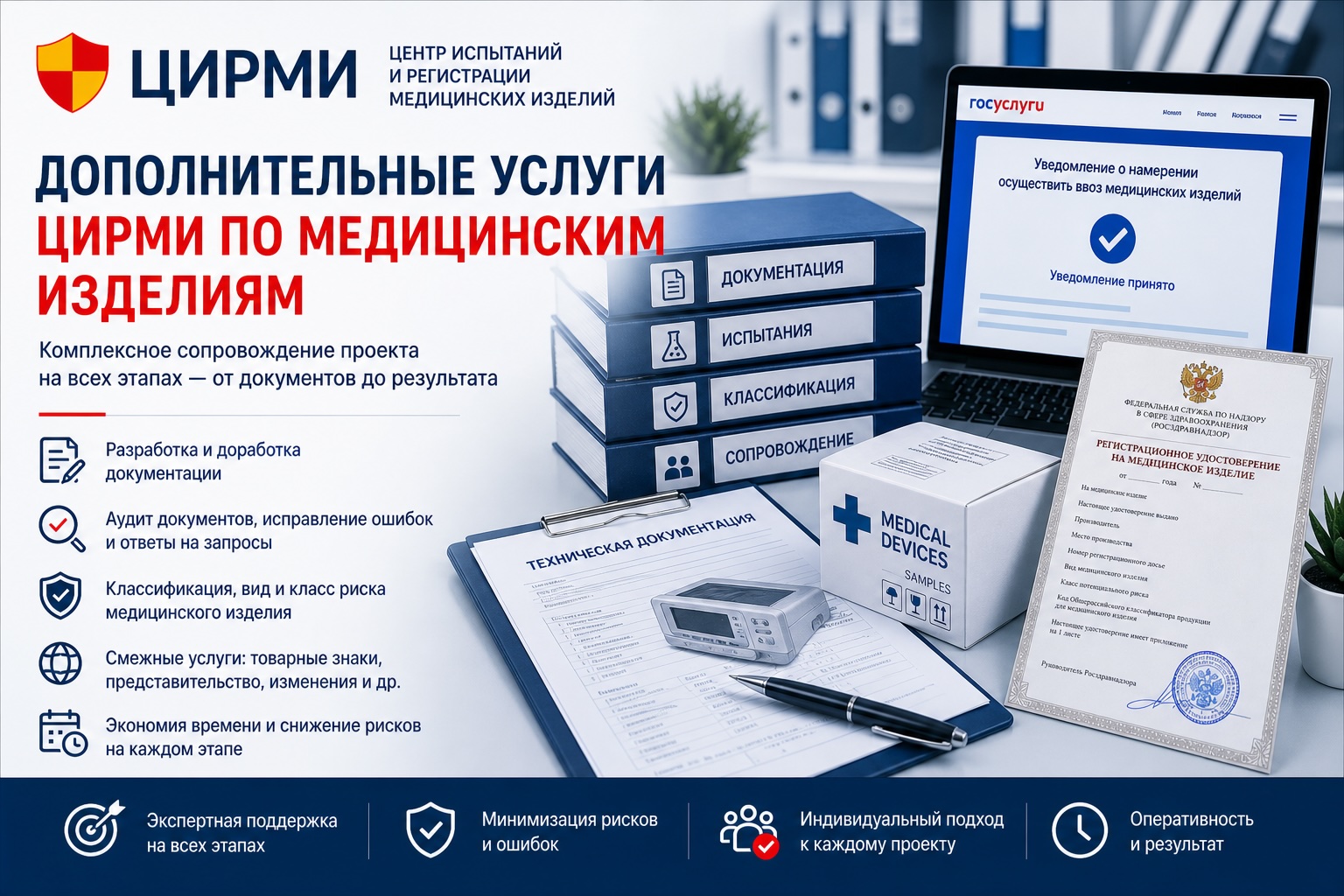 Дополнительные услуги ЦИРМИ по медицинским изделиям: разработка документации, аудит ошибок, классификация, сопровождение регистрации и смежных регуляторных задач.