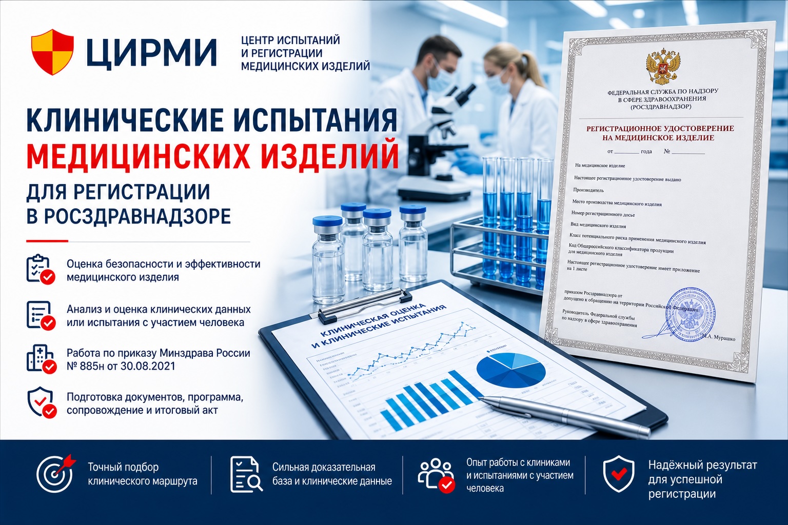 Клинические испытания медицинских изделий для регистрации в Росздравнадзоре, оценка безопасности и эффективности, анализ клинических данных, подготовка документов и получение регистрационного удостоверения
