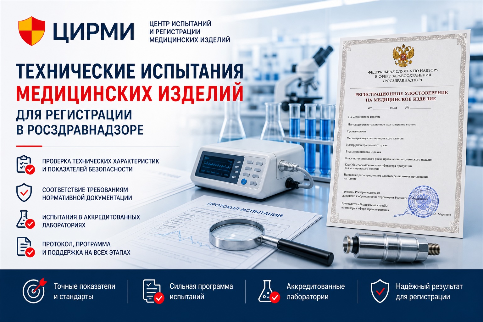 Технические испытания медицинских изделий для регистрации в Росздравнадзоре, лабораторное оборудование, протокол испытаний и регистрационное удостоверение Росздравнадзора