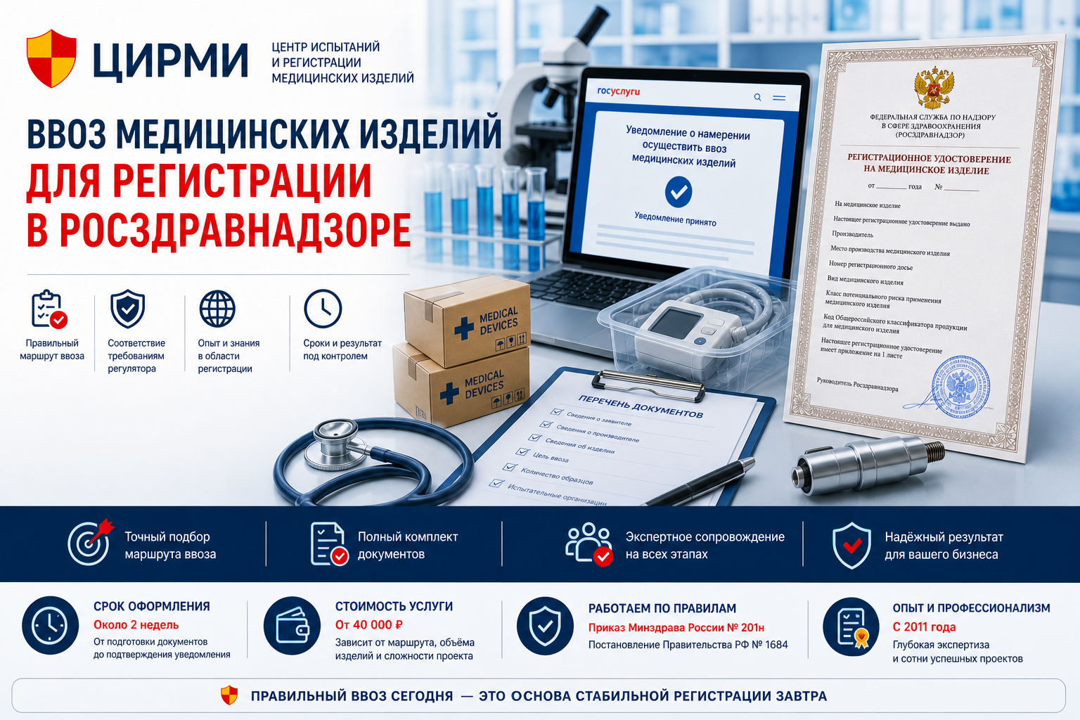 Ввоз медицинских изделий в Россию для регистрации в Росздравнадзоре, оформление уведомления и сопровождение ввоза образцов ЦИРМИ